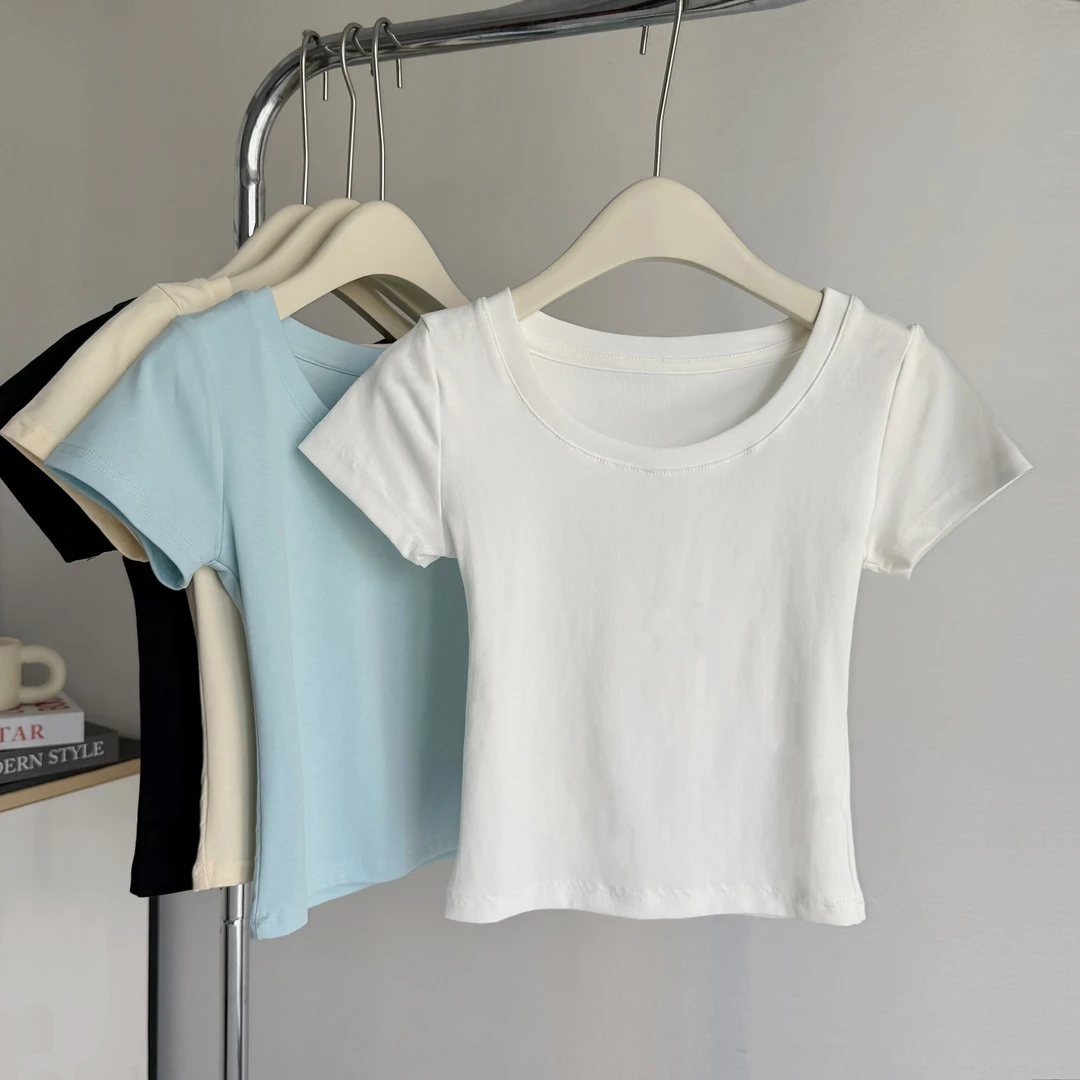 白色t恤女短袖2025新款修身圆领打底衫纯棉基础款短款夏季上衣T恤