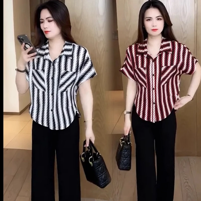 时尚条纹衬衫女士2025夏季新款洋气显瘦短袖衬衣遮肚子宽松上衣