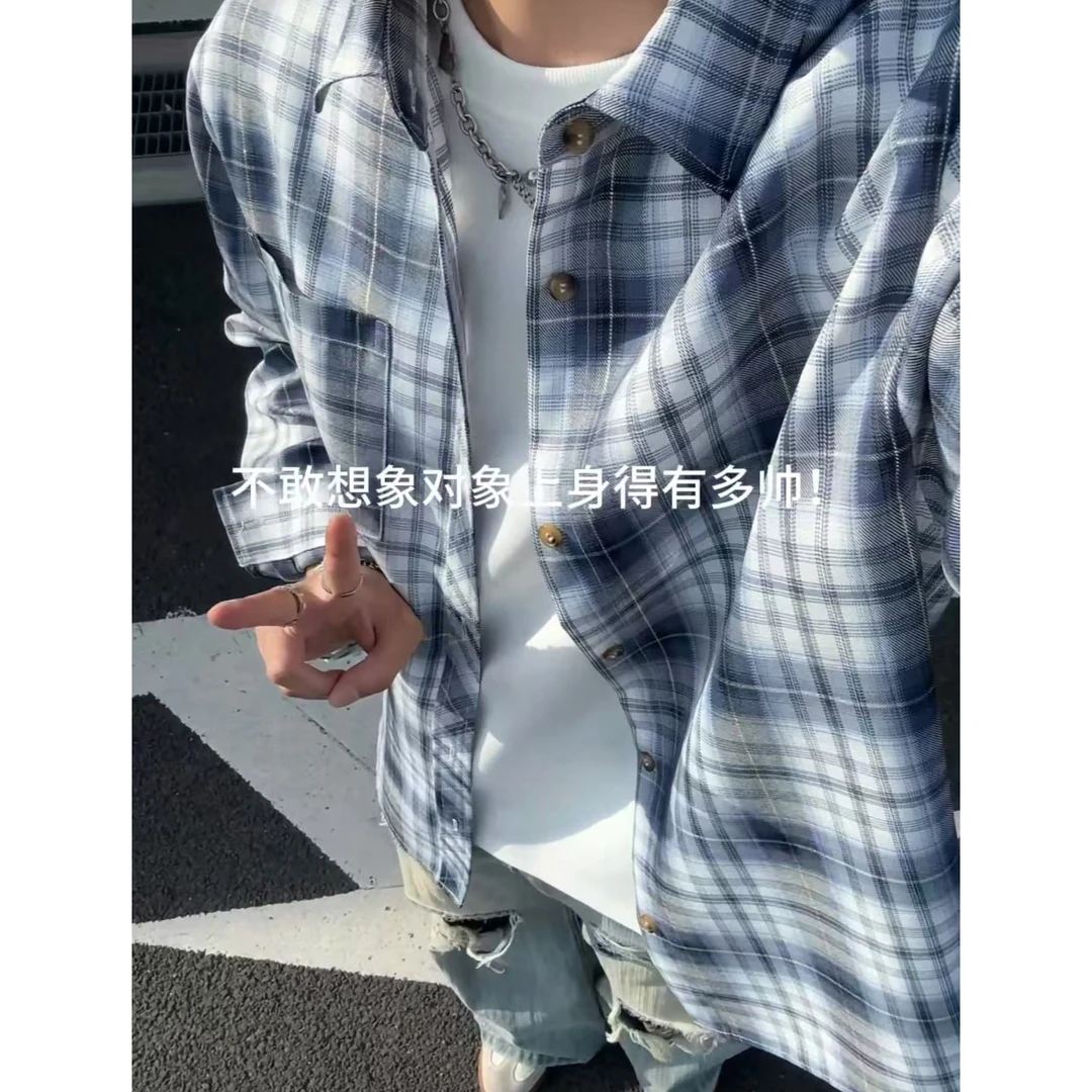 美式潮流格子设计长袖衬衫男春秋季痞帅宽松休闲百搭少年感外套