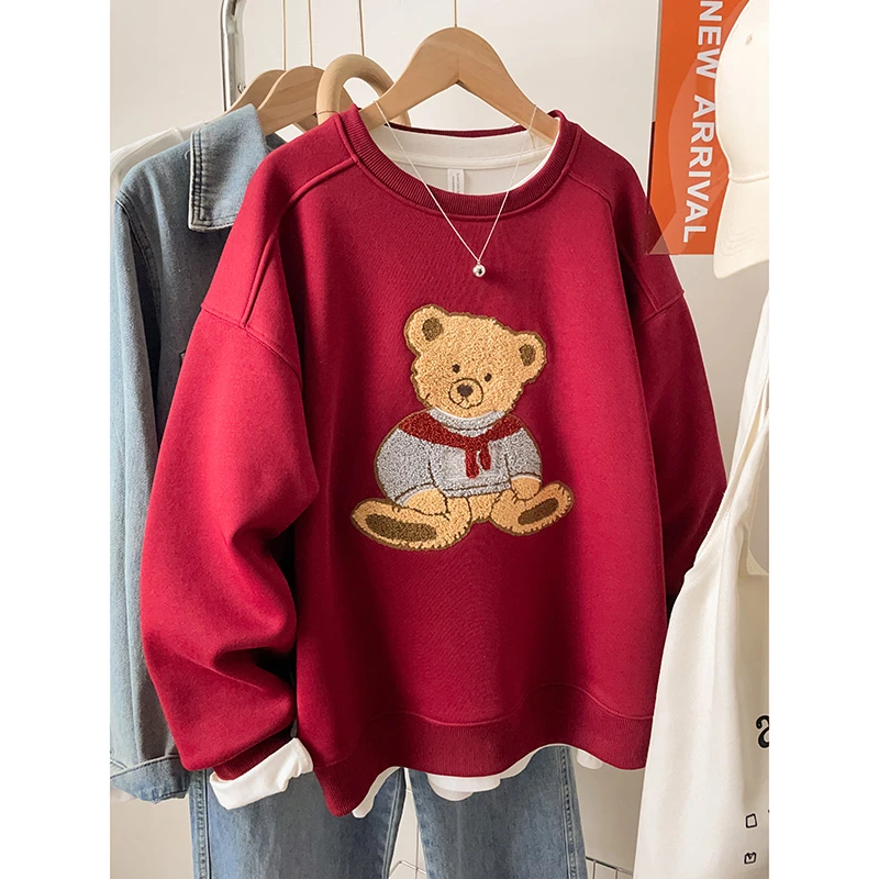 小熊刺绣2025新款秋冬韩版加绒休闲大码宽松上衣服圆领胖mm卫衣女