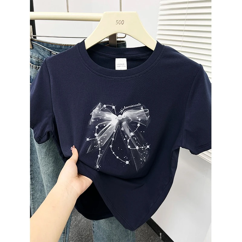 韩版女装2025夏季新款洋气蝴蝶结印花百搭显瘦正肩短袖T恤上衣ins