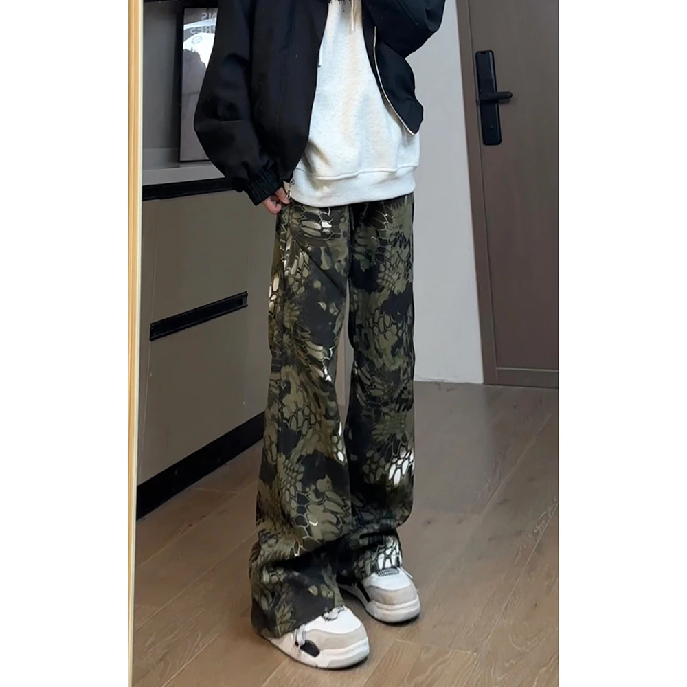 迷彩蛇纹微喇牛仔裤男款春秋美式痞帅高级感裤子显腿长直筒工装裤