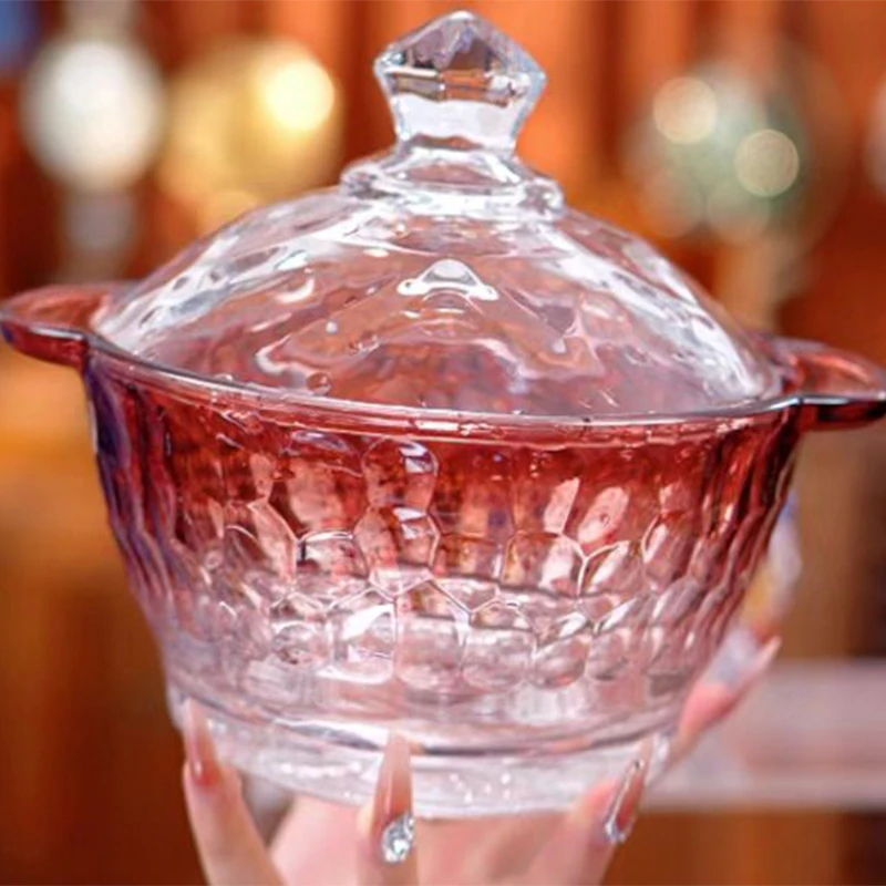 糖果碗家用大号透明创意水果碗1200ml轻奢彩色带盖双耳碗玻璃碗