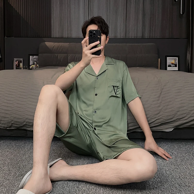 高级感男士冰丝睡衣夏季薄款可外穿大码简约轻奢风家居服夏天套装