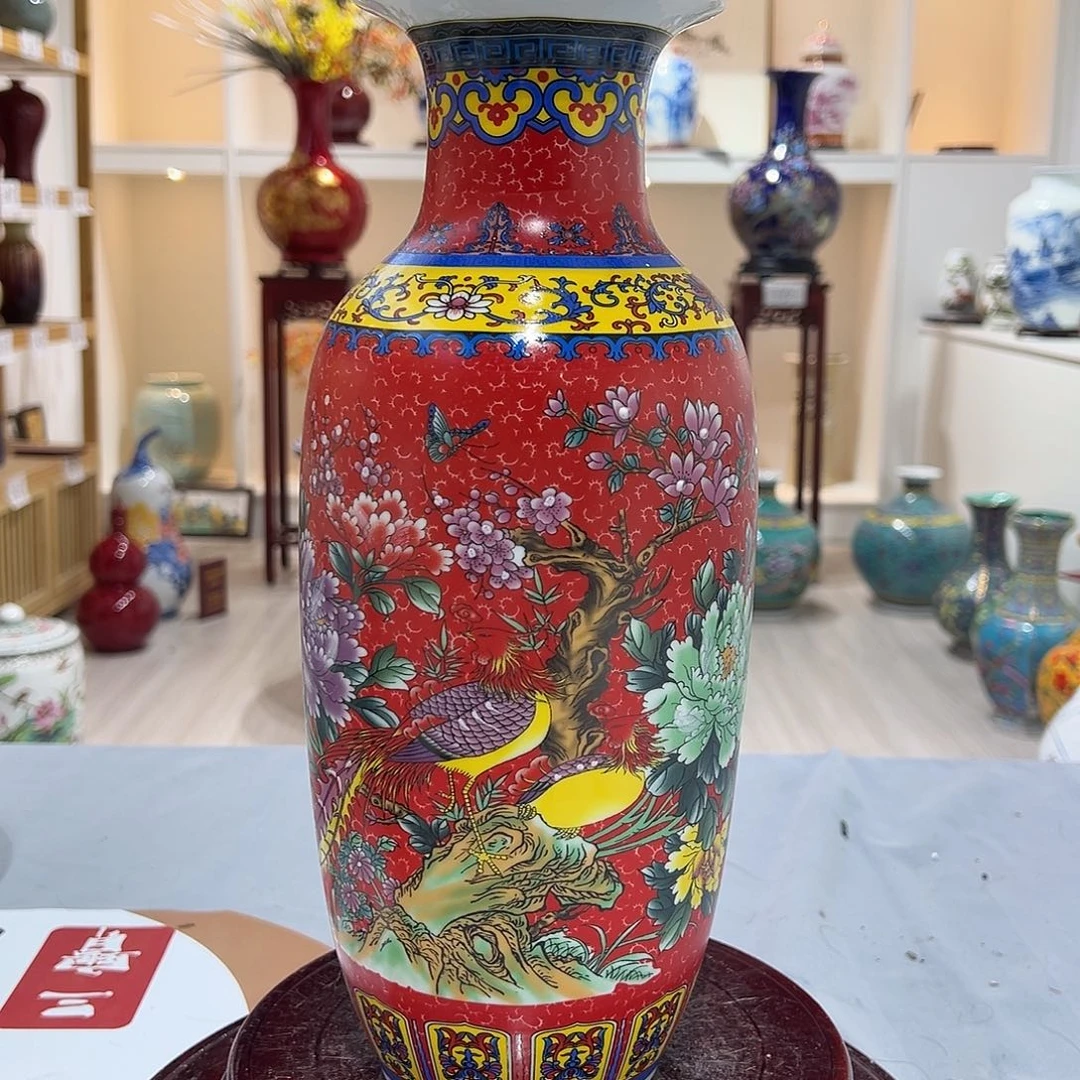 陶摆件35cm红珐琅彩花鸟冬瓜