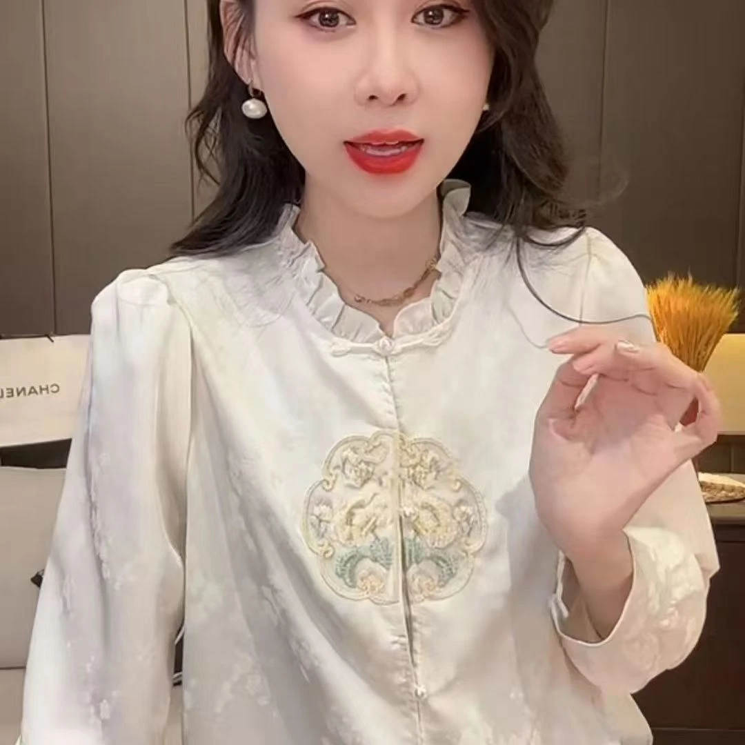9072 G 新款盘扣木耳领国风复古衬衫中式长袖刺绣上衣 F80 三楼