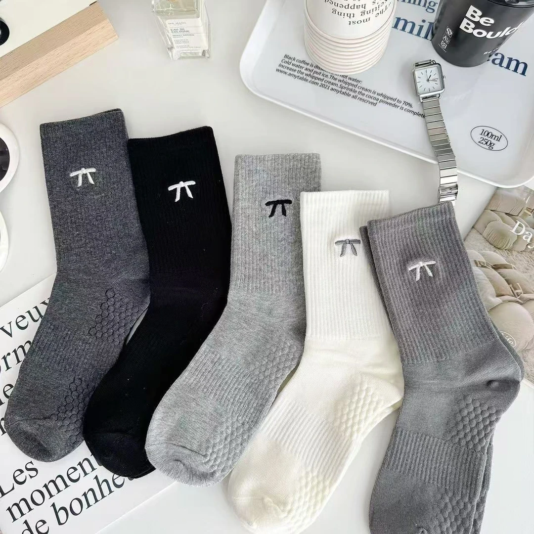 网红款灰色棉质蝴蝶结袜子女中筒袜ins潮简约百搭按摩底运动长袜