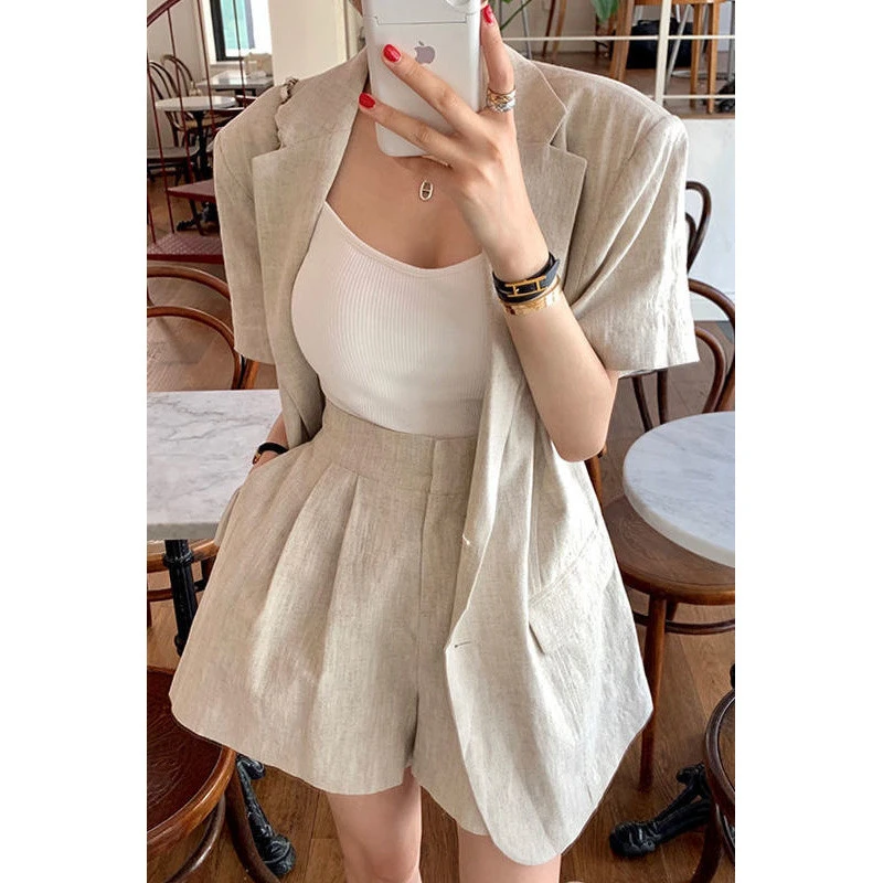 韩式chic夏季法式复古西装领短袖外高腰显瘦阔腿休闲短裤套装女