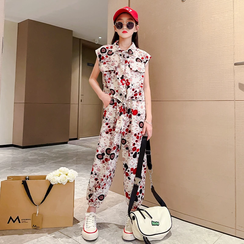 女童套装夏季2025新款儿童装无袖上衣6-12中大童休闲阔腿裤女洋气