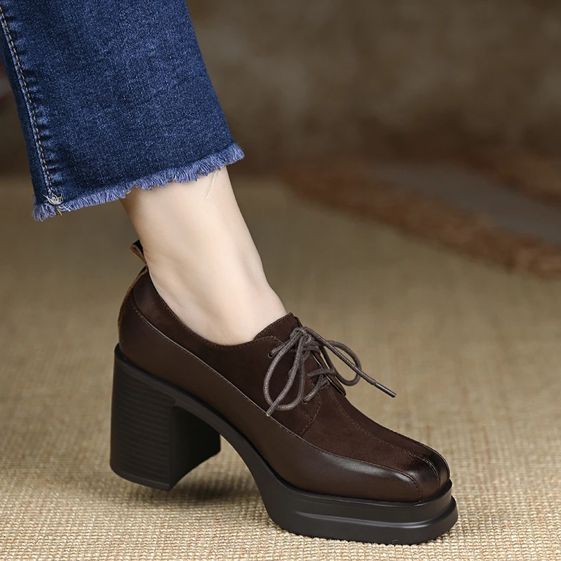 玥小姐增高女鞋8厘米粗跟防水台单鞋真皮复古方头厚底高跟鞋春秋