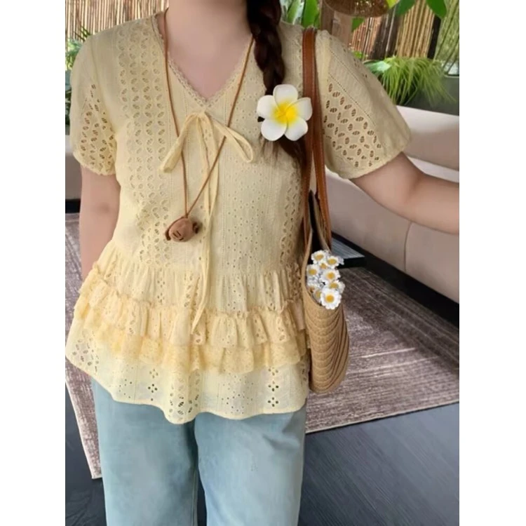 【清】大码法式短袖衬衫夏季设计感镂空衬衣胖MM遮肉显瘦上衣-7053
