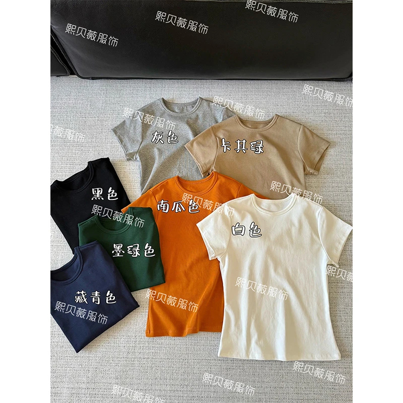 熙贝薇6 收腰显瘦t正肩圆领纯色简约短款夏季百搭短袖T恤 G7931