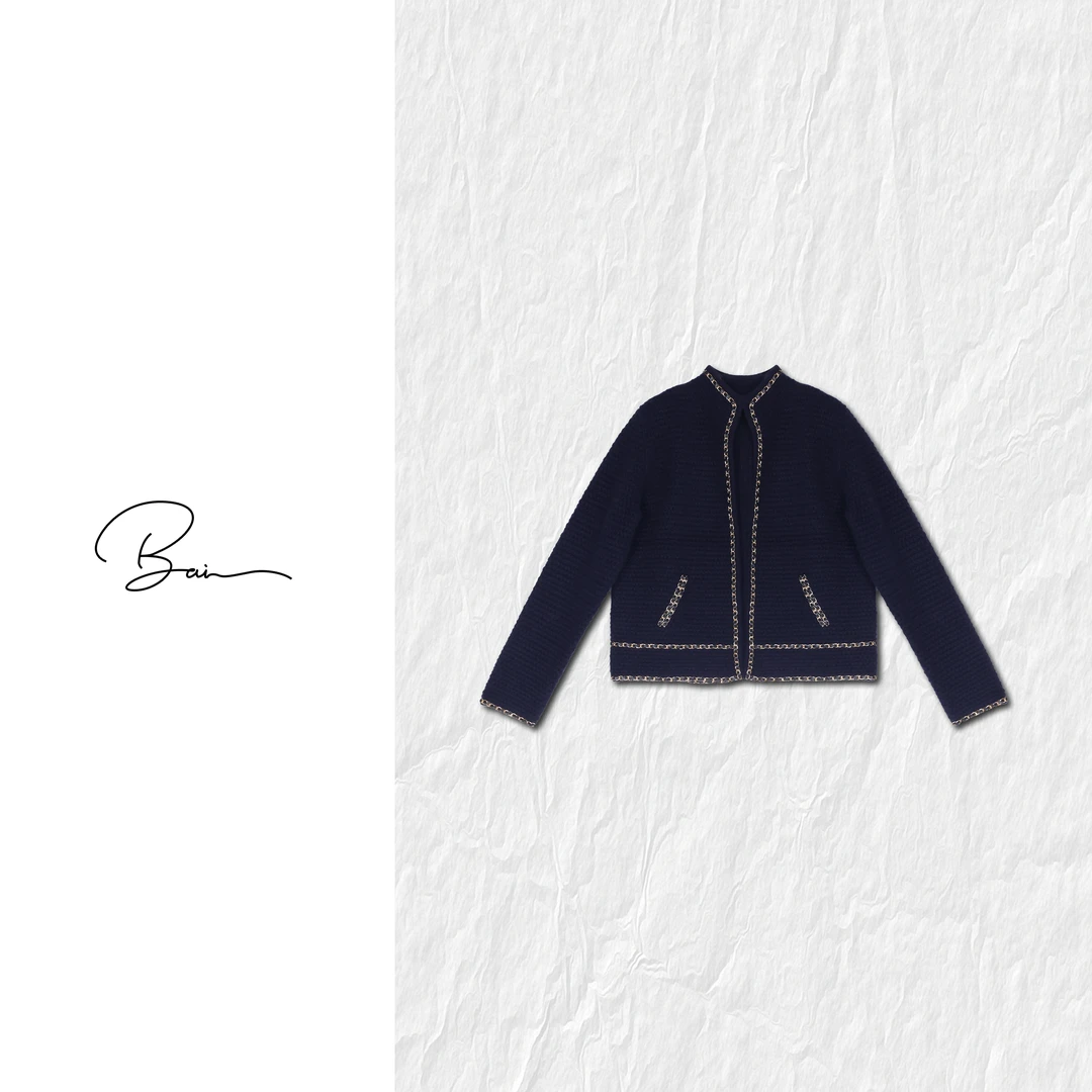 TXB “S+”100%山羊绒进口定制金属嵌皮链条小香针织外套XB-7824