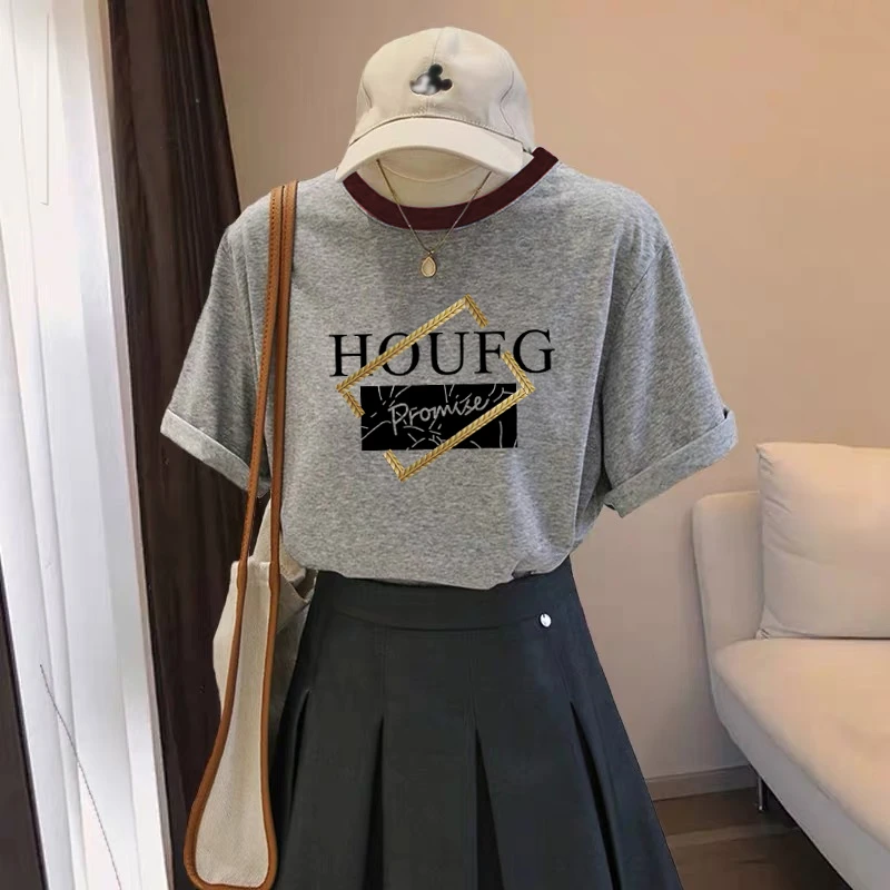 2025新款正肩纯棉短袖t恤女ins休闲百搭插色洋气撞色灰色上衣夏季