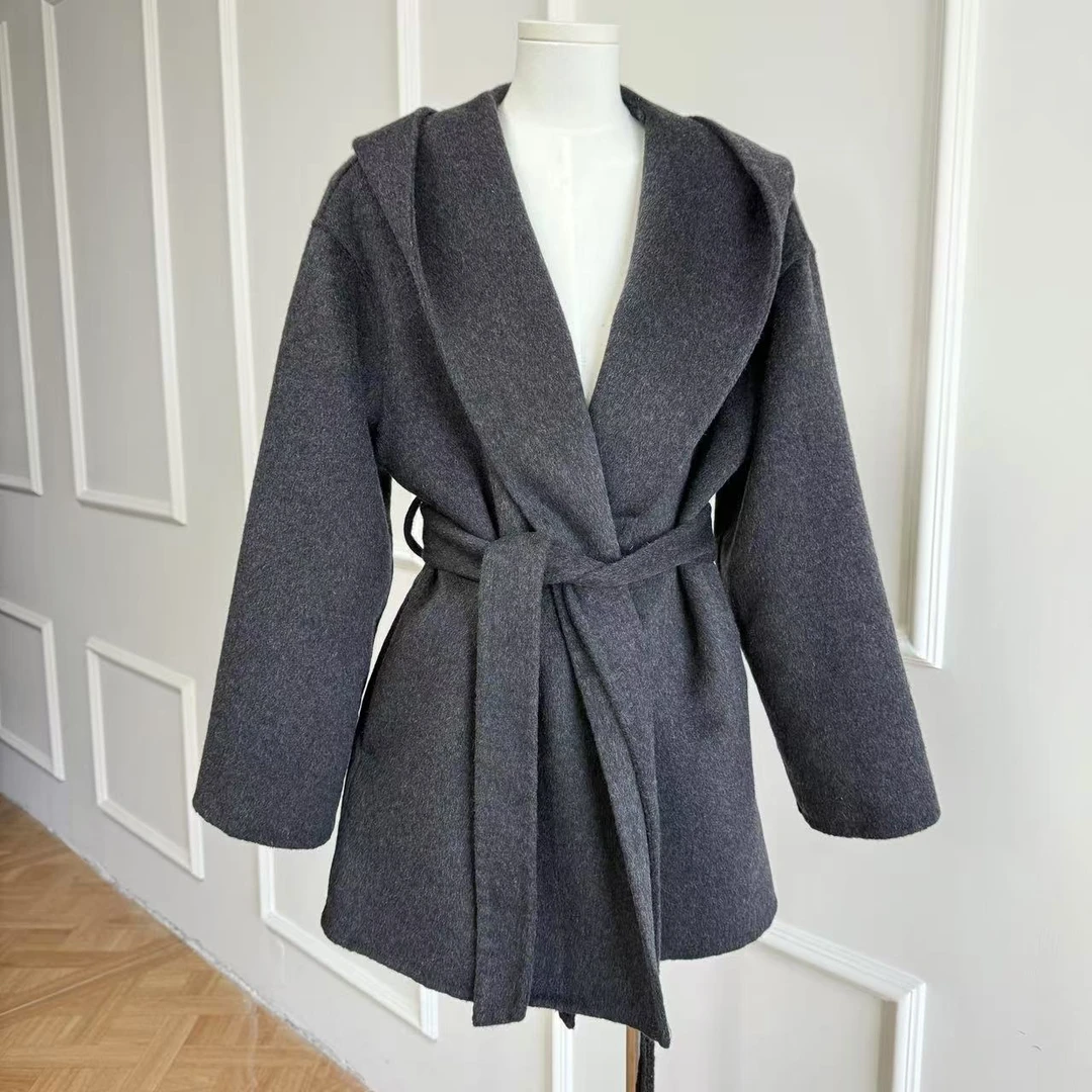 【Latti】连帽高级感深灰气质双面羊毛呢大衣秋冬女士百搭双面呢