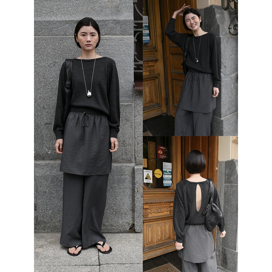 胶囊系列长袖上衣后背水滴镂空型针织衫早秋打底