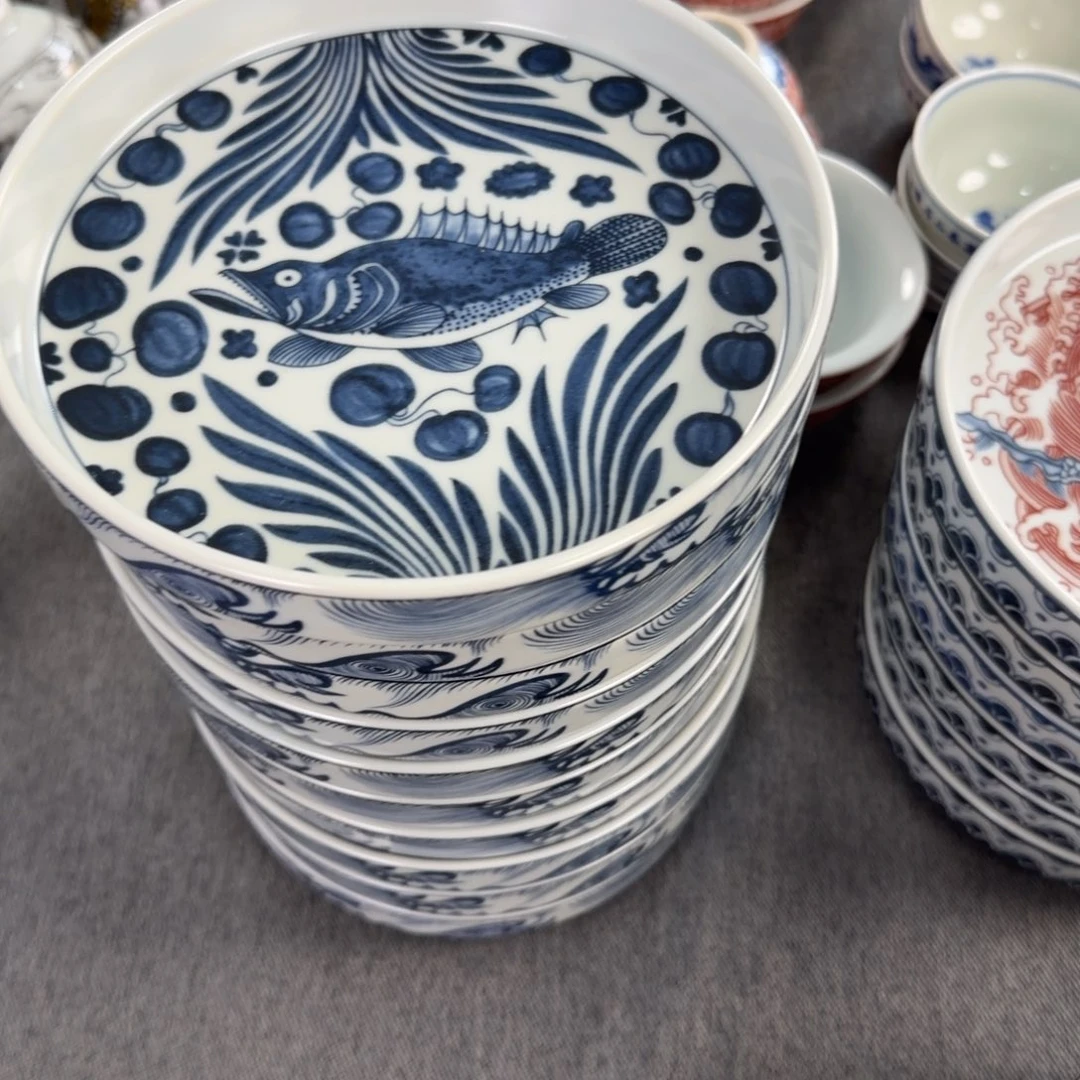 陶摆件青花鱼澡壶承