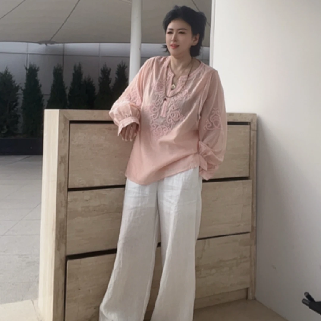 文艺复古莱赛尔长袖V领刺绣包边夏季薄款气质女衬衫26106