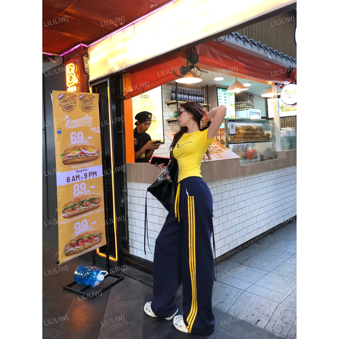 婉君【蓝拼黄阔腿裤】早春美式嘻哈条纹垂感休闲裤LWJ25A1K227
