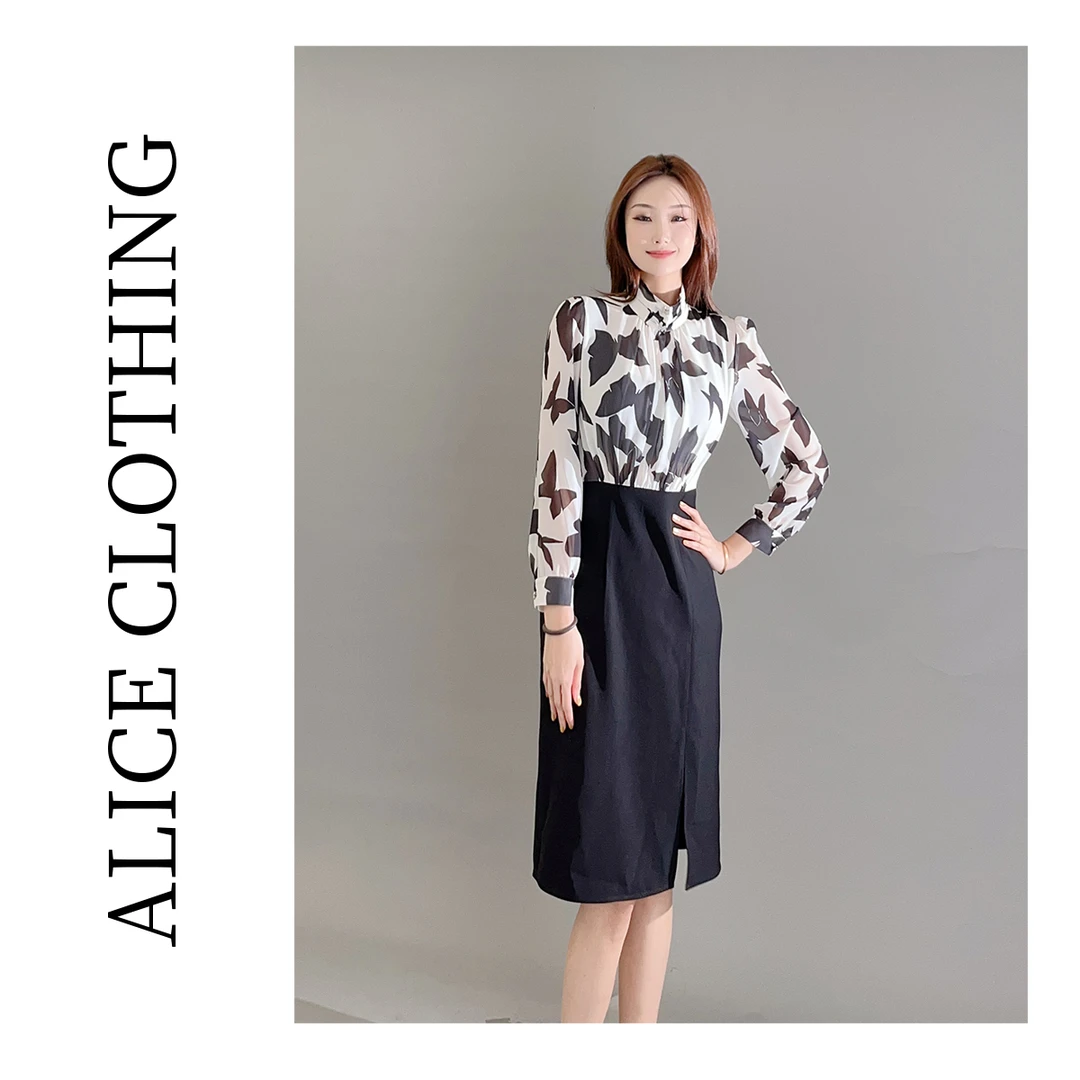 5 alicelulu 蝶影纤纤通勤连衣裙优雅拼接 轻柔S2136677W