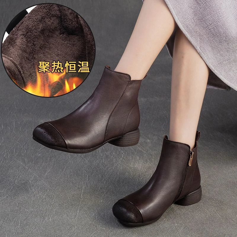 头层牛皮2025秋冬复古真皮加绒保暖高帮短靴粗跟软底方头百搭单靴