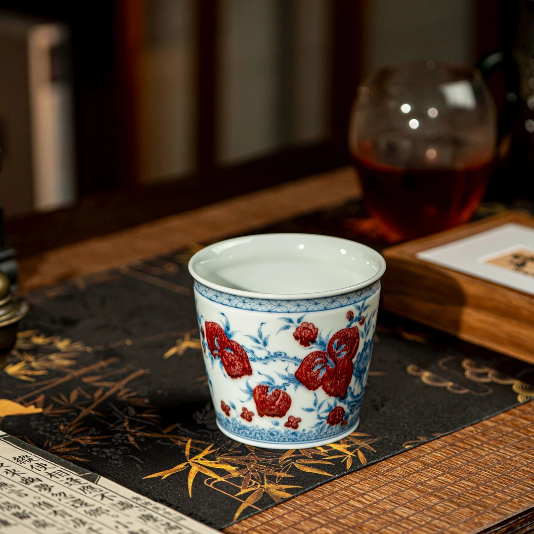 【墨舍名窑】屹朴青花釉里红九桃可乐杯 yipu1078陶瓷复古