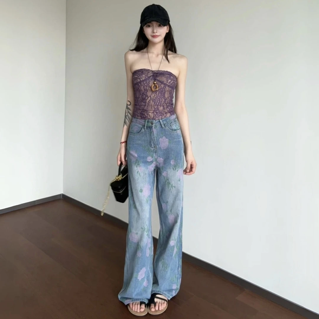 【南潇专属】秋日减龄重工刺绣阔腿牛仔裤女25冬季高腰宽松显瘦长裤