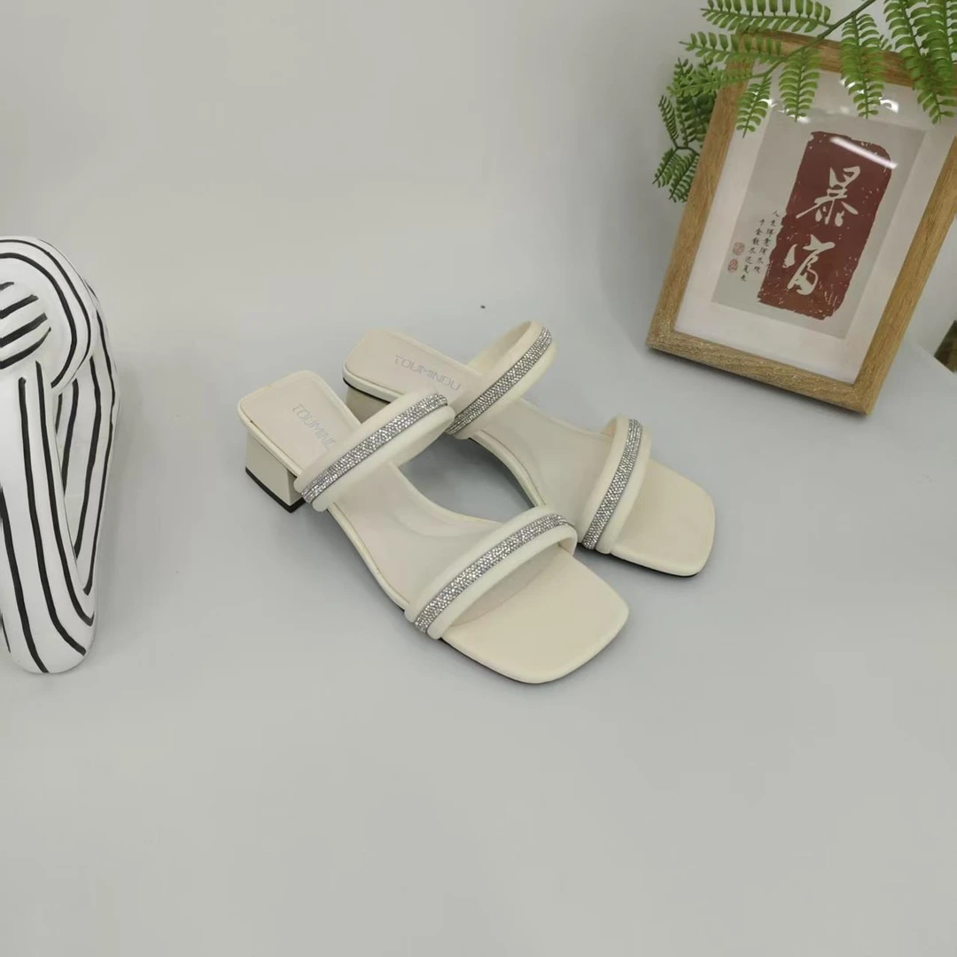 法式两穿凉拖鞋女夏中粗跟细带气质一字带仙女风高跟凉鞋18-551