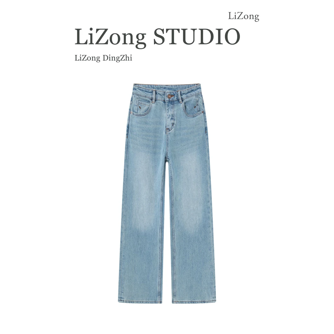 PF-9009蓝色牛仔裤女新款中高腰窄版直筒裤百搭时尚显瘦