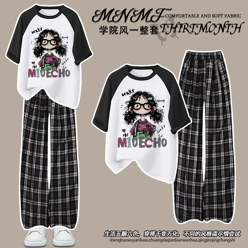 夏季套装女童纯棉插肩短袖格子裤动漫小女孩印花休闲ins风两件套