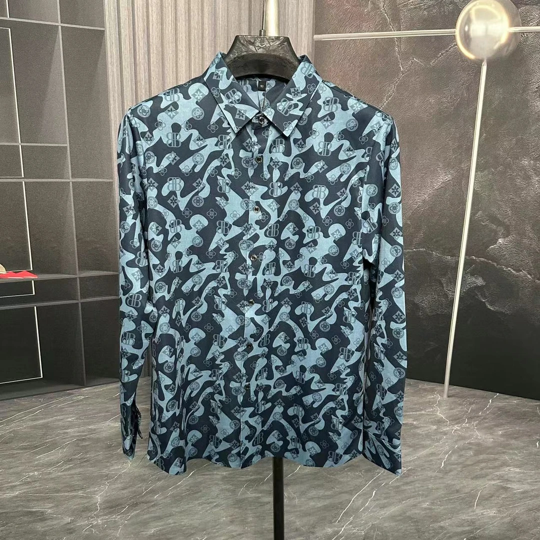 FLD男秋冬高品质欧货桑蚕丝绵羊毛印花无缝弹力时尚个性长袖衬衫