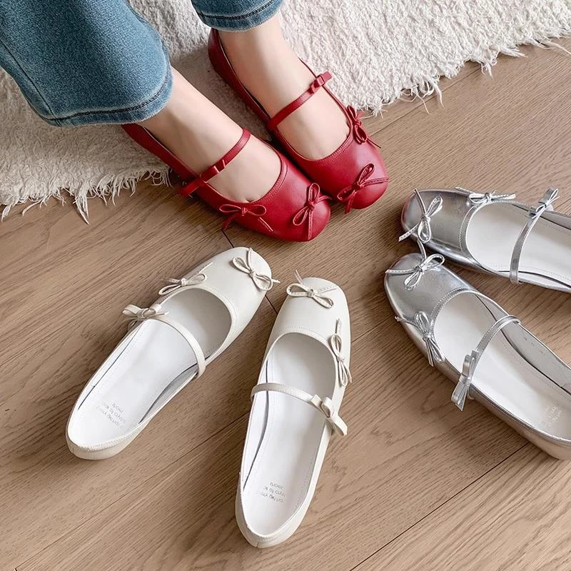 手工一字带蝴蝶结平底红色单鞋2025新款女圆头银色浅口玛丽珍鞋