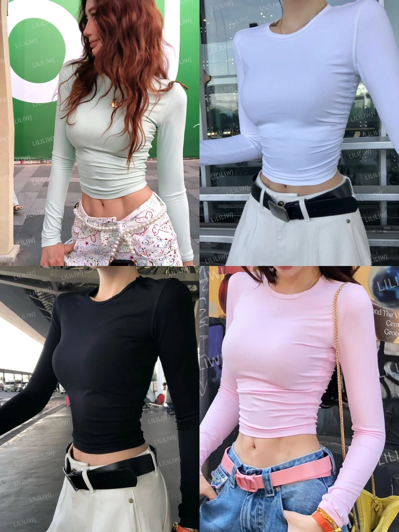 【婉君】早春显瘦长袖辣妹短款露脐修身针织上衣LWJ25A1T050
