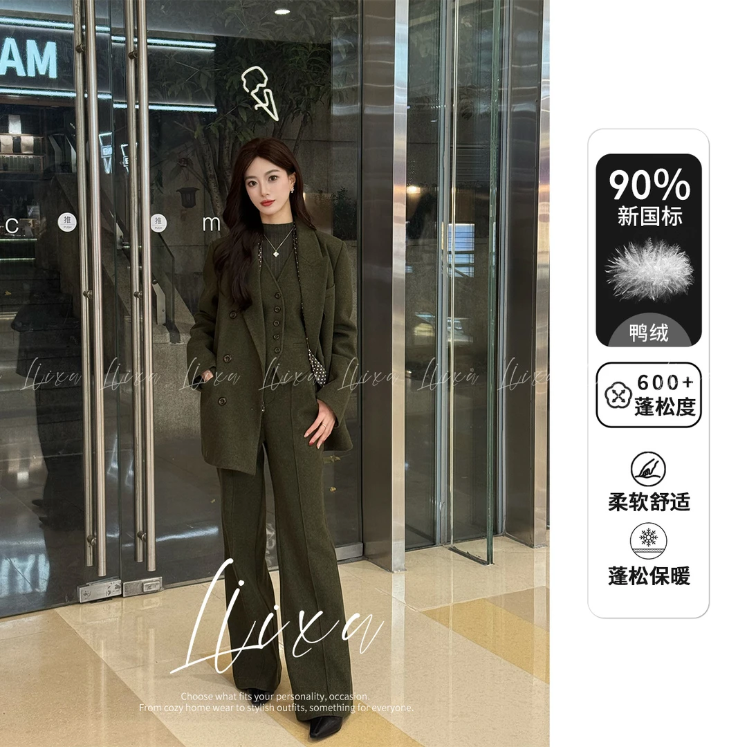 Liixu冬季高级感90白鸭绒假两件西装外套阔腿裤套装J58TZG1258