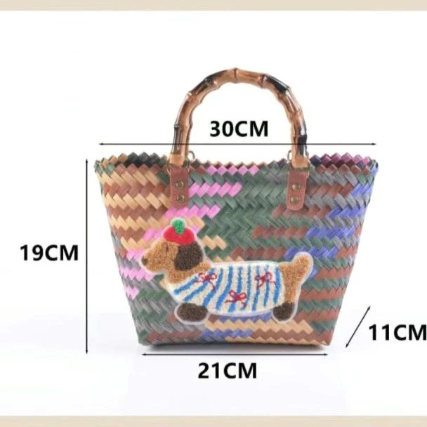 腊肠小狗造型手提菜篮子包复古竹节设计适合上班通勤