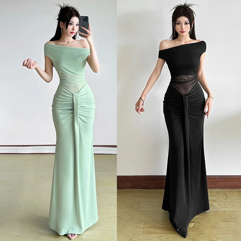 Malou 清冷感典雅女神露肩网纱拼接温柔性感连衣裙女夏K25D76869