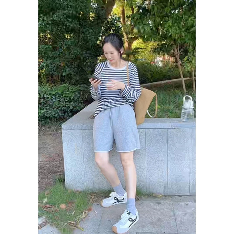 ｜徐帆女装｜卷边抽绳灰色运动短裤女热裤宽松紧腰五分裤卫裤阔腿裤