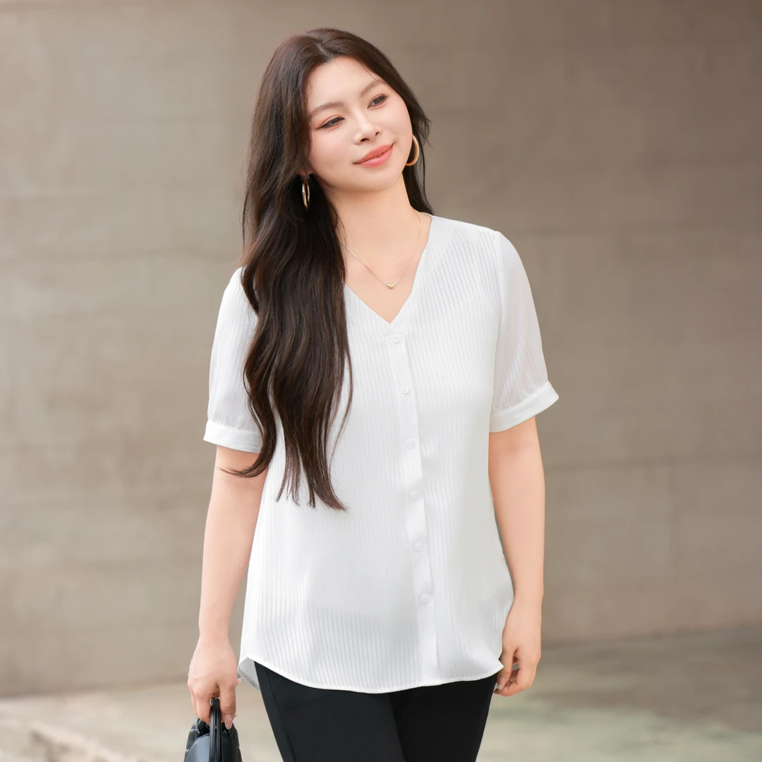 【条纹肌理V领宽松短袖衬衫】MsShe大码女装新款夏装上衣H2503022