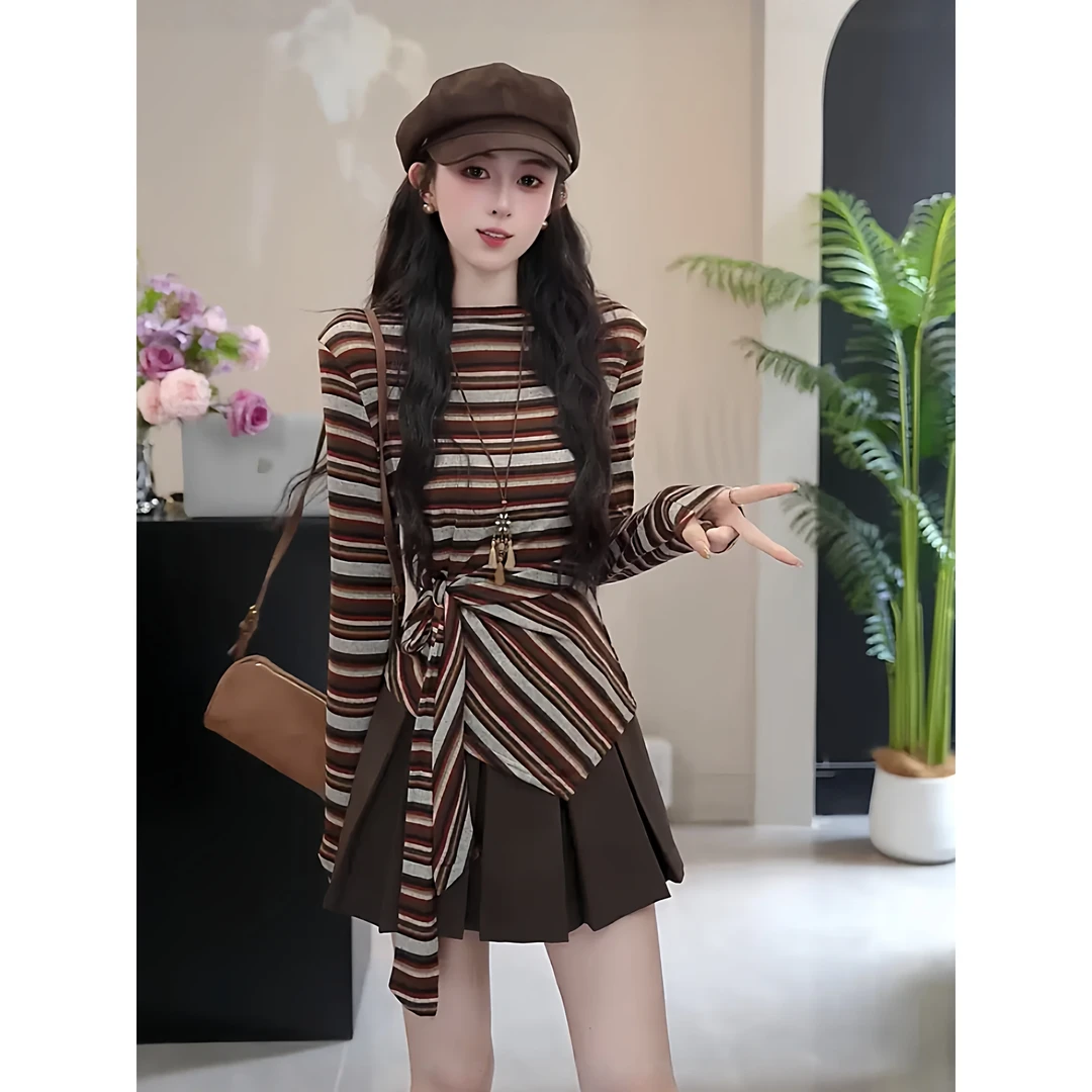 2025秋季新款法式一字肩绑带五色条纹长袖T恤女小众百搭打底衫潮