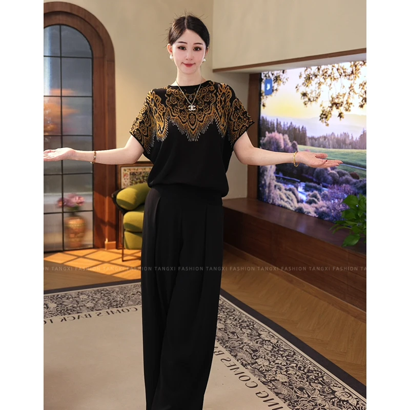 2025夏季新款【7810】莱赛尔天丝黑色提花圆领冰短袖针织小衫上衣女