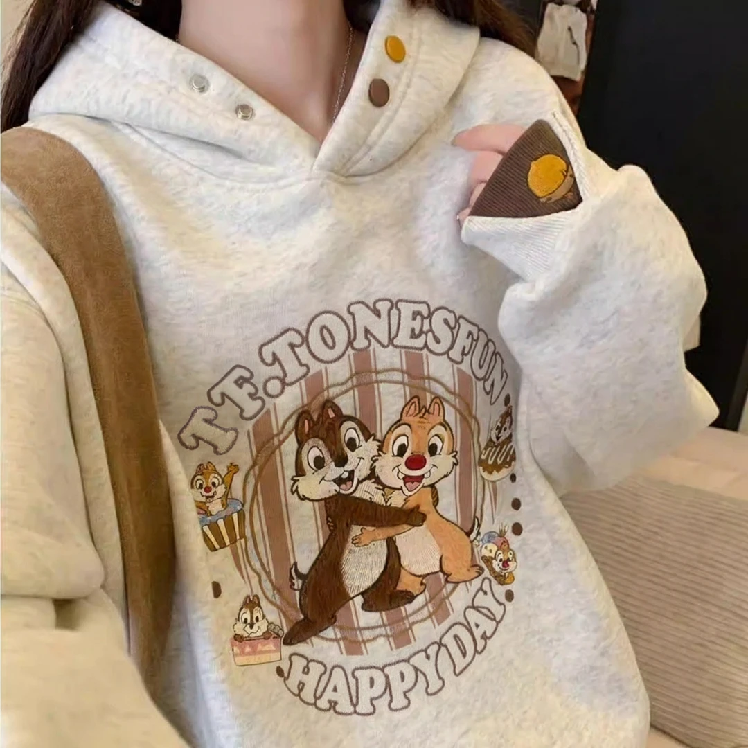 重工刺绣连帽加绒卫衣秋冬卡通潮牌慵懒风学院风小众学生休闲宽松