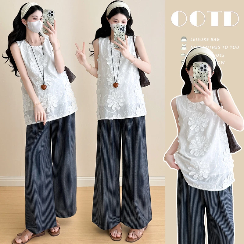 孕妇夏装2025新款法式立体花朵背心上衣+抽绳阔腿裤孕妈洋气套装