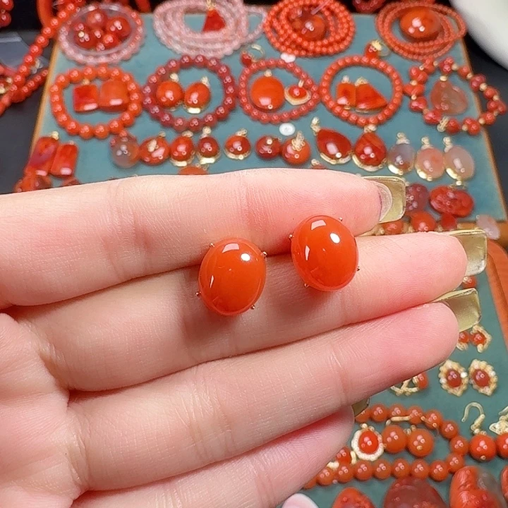 南红玛瑙银S925镶嵌耳饰12+
