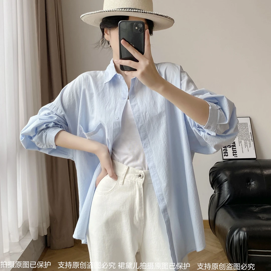 100%棉成衣洗水九分袖纯棉防晒休闲衬衣百搭老钱风女装【只有衬衫】