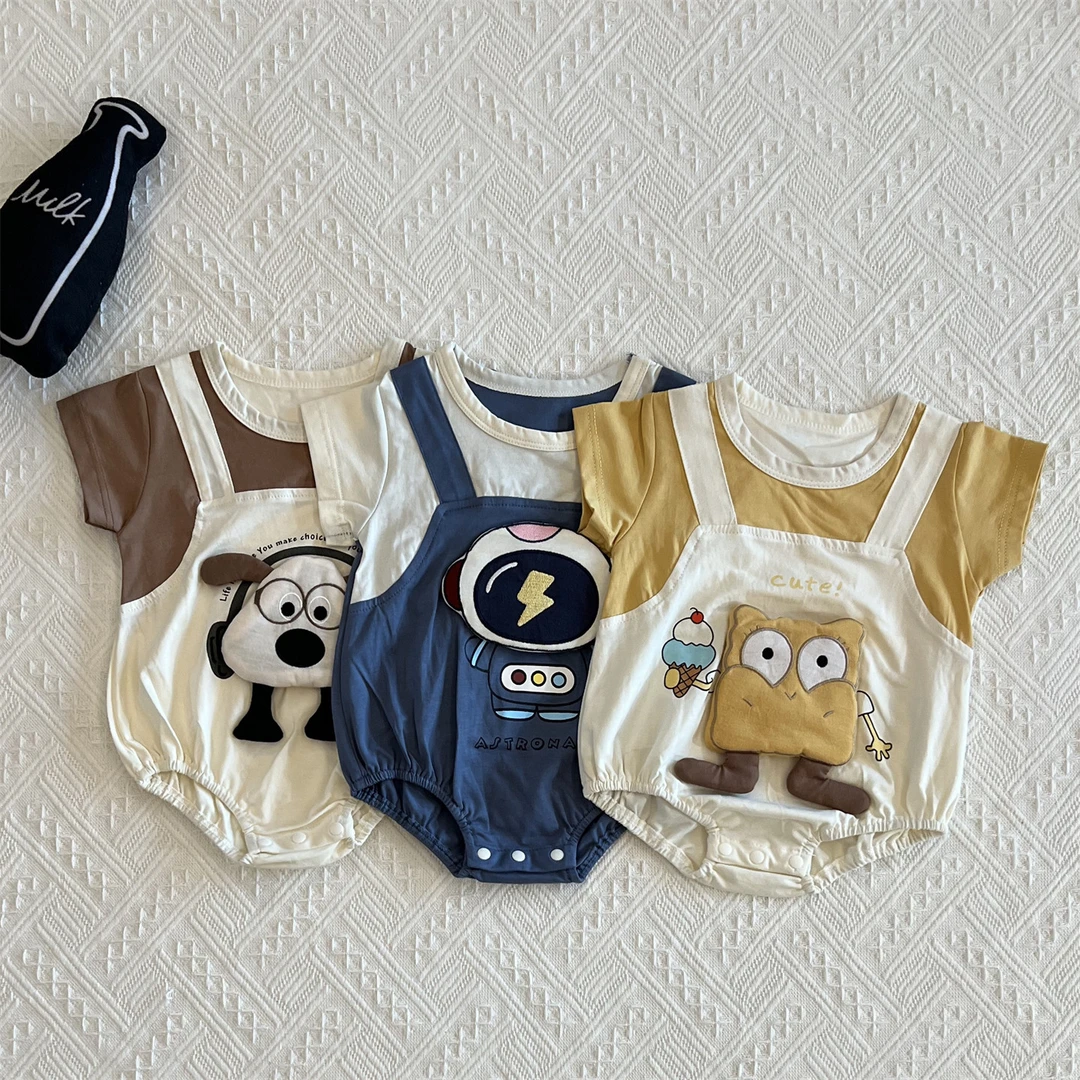 新生婴儿韩版立体公仔三角连体衣纯棉包屁衣夏季宝宝短袖哈衣爬服