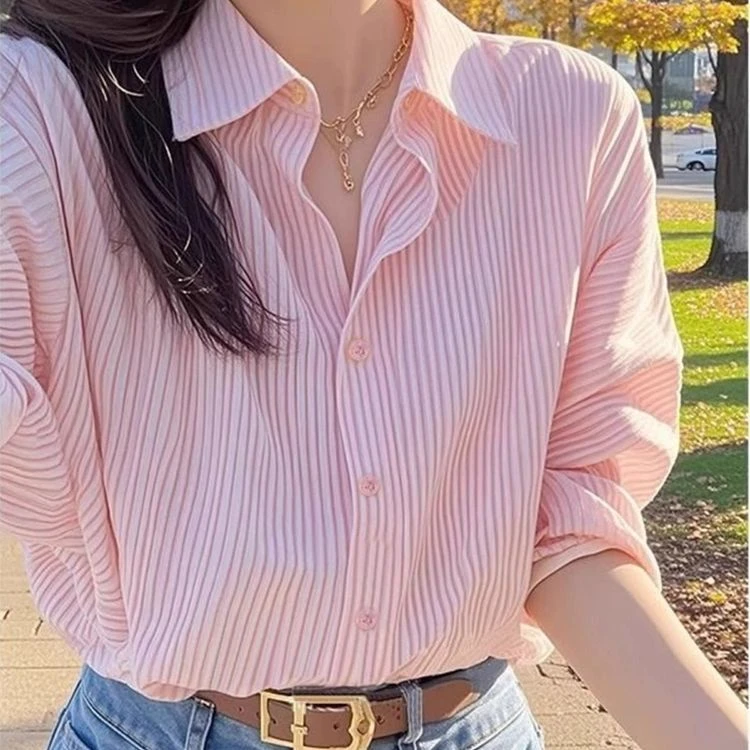 欧洲站法式polo领粉色条纹衬衫女2025新款春季正装职业通勤上衣潮