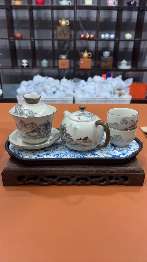 山水汝窑盖碗一壶一盖两杯➕茶盘