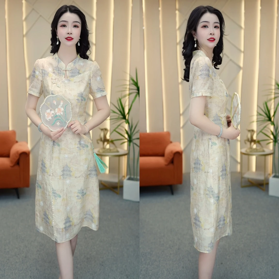 2025夏季新款年轻妈妈日常减龄旗袍印花显高显瘦连衣裙M-4XL