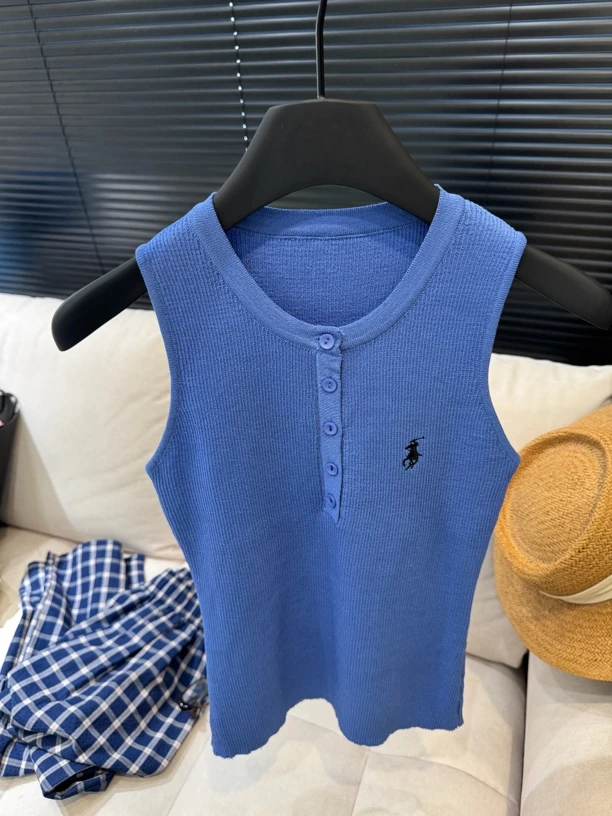 韩系夏季新款针织吊带背心纯色小马刺绣上衣女高级感修身无袖上衣