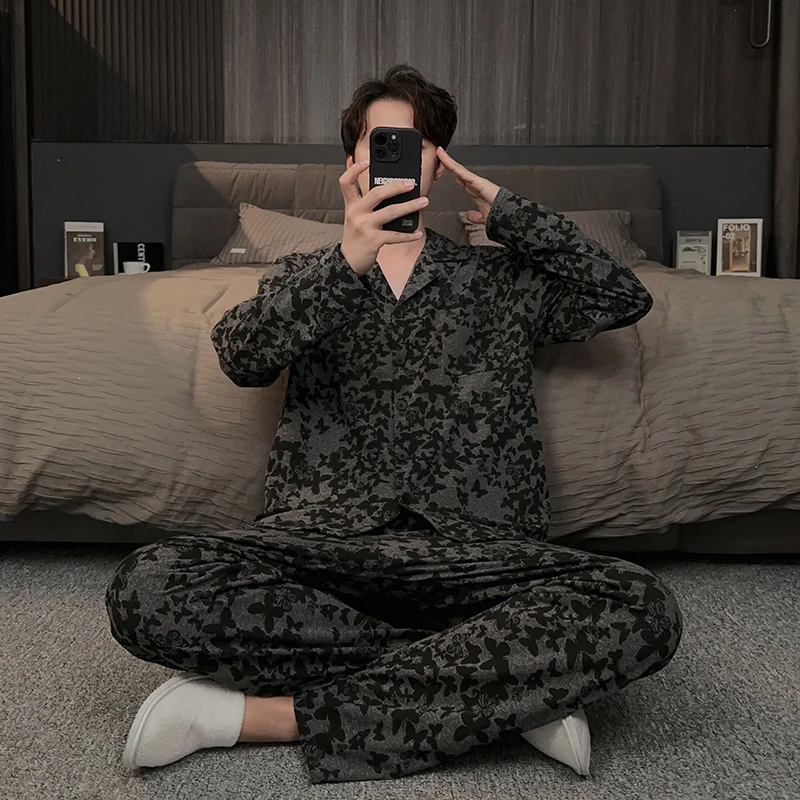 2025新款蝴蝶男士睡衣春秋款锁温棉长袖保暖秋冬天家居服开衫套装